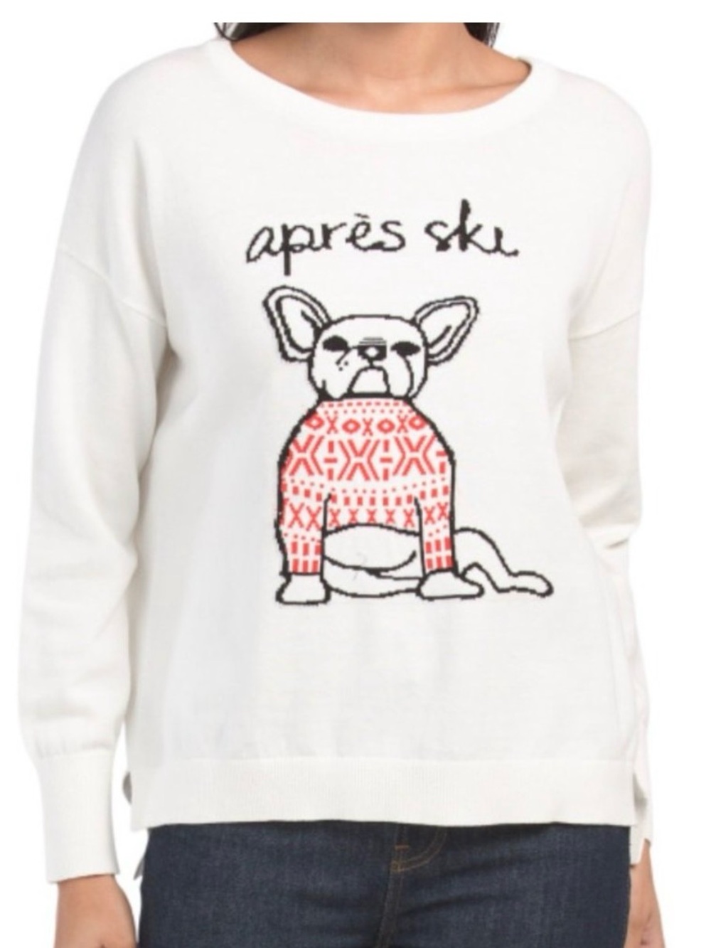 French Connection Après Ski Frenchie French Bulldog Knit Sweater White Sz Large